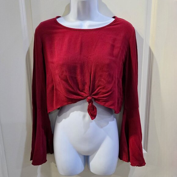 Red Flare Sleeve Crop Top ✦ Windsor Tie-Front Textured Boho Style ✦ Made in USA - Picture 3 of 13